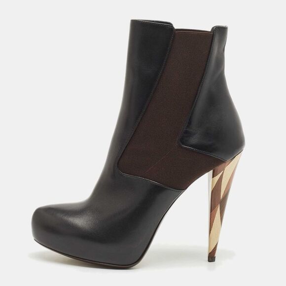 Fendi Black/brown Leather And Stretch Fabric Platform Ankle Boots Size 40